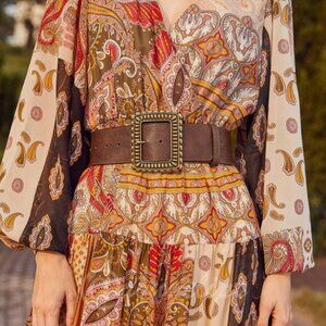 Brown PU Leather Belt Yellow Buckle Wide